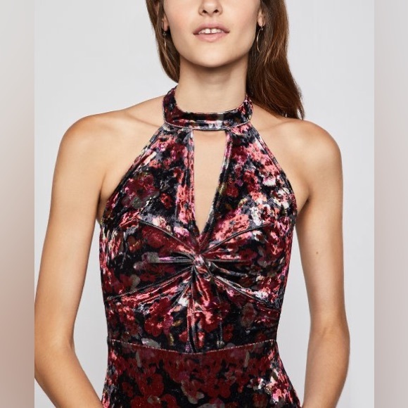 NWT BCBG Floral Velvet Halter Cut Out Midi Dress - Picture 2 of 14
